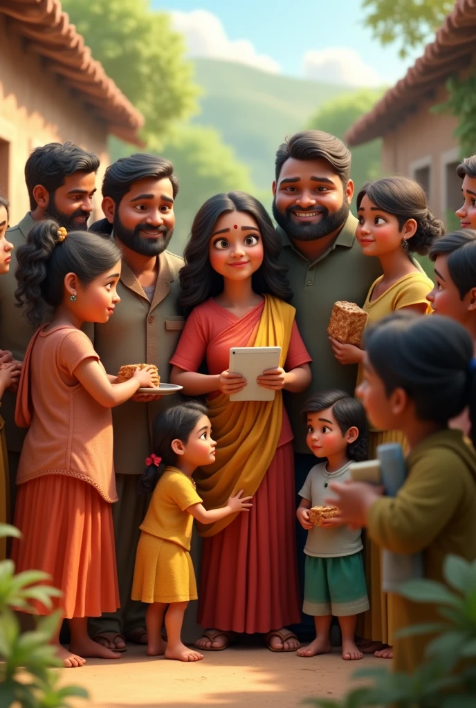 In 3d animation style "Neighbors or villagers providing moral support to Sumana’s family during tough times."