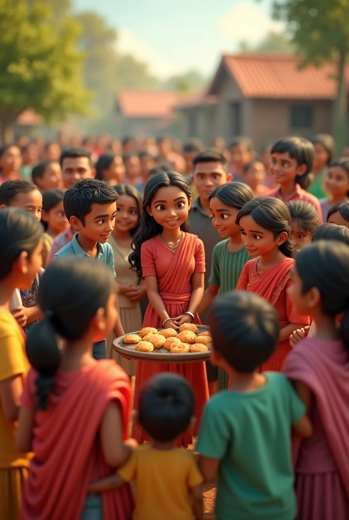 In 3d animation style "Neighbors or villagers providing moral support to Sumana’s family during tough times."