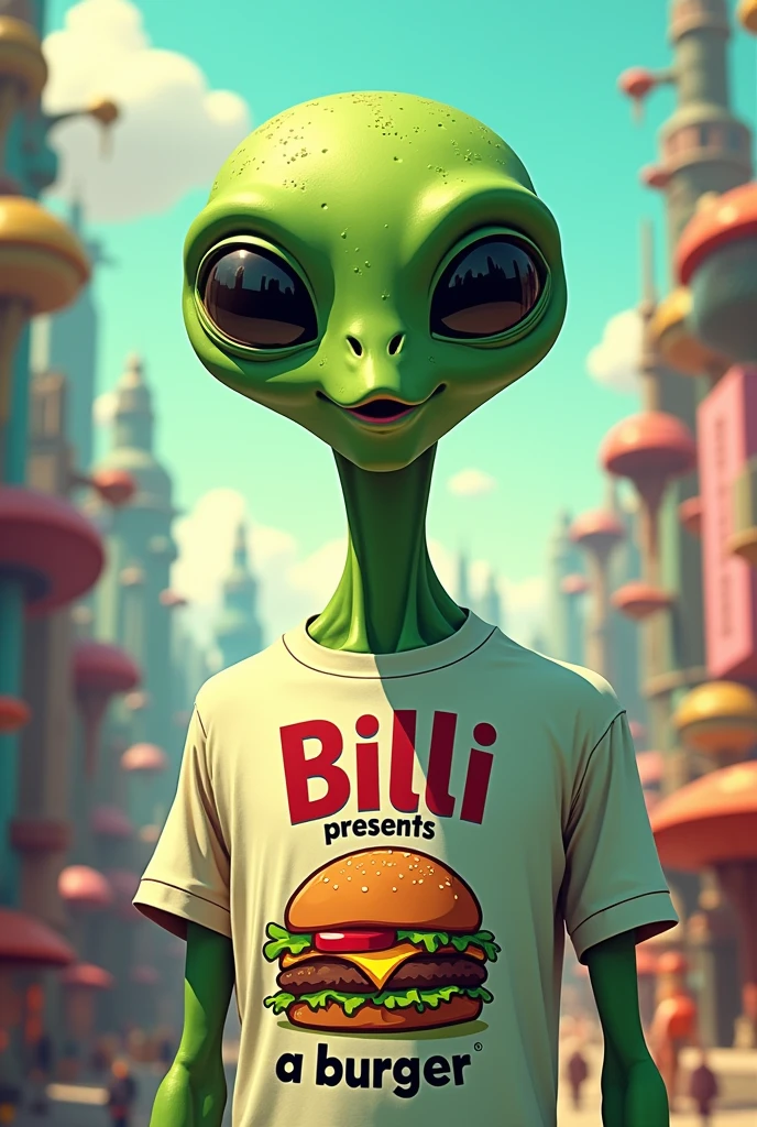 I want a green alien with a t-shirt written billi presents a burger 