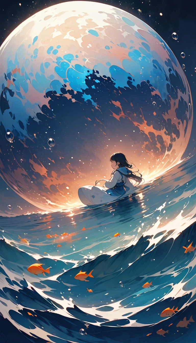 「A fantastic view of the deep sea。A transparent round sphere floats in the water.、The surrounding area is a blue and white gradation.、Warm light shines through the water。The whole thing is painted in a Ghibli style.、Characterized by soft curves and dreamy colors。Tiny bubbles float in the still water.、Gentle ripples are spreading。The overall atmosphere is calm and sleepy.、A silent deep sea scene with no people or living creatures present。」