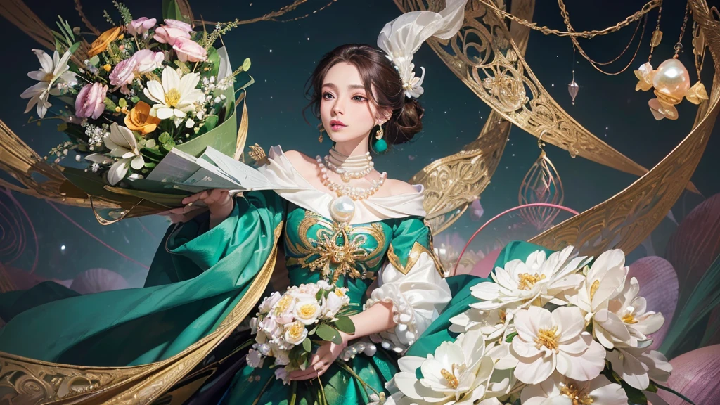 32K, 最高quality, 最高masterpiece, (ultra-Detailed Background, Detailed Background), High resolution, Super detailed, Very detailedな, 1 personの, (bouquet:1.3), (Tangled:1.2), (Geometric:1.2),(colorful),(masterpiece, quality, best quality, Official Art, Beautiful and beautiful:1.2), (1 person:1.3), Very detailed,(colorful:1.1)(Flowers:1.3),Most detailed,(Tangled:1.2), whole body, (Abstract background:1.3), (Skin glows), (Many colors:1.4), ,(Earrings Pearl:1.5), Emerald green pale background, It's imaginative., Brunette Hair, Updo, Holding a book, Holding a pen,