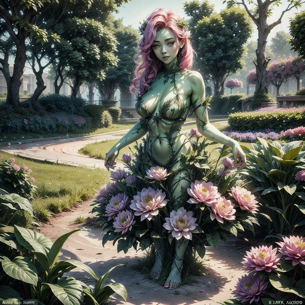 (best quality,4k,8k,highres,masterpiece:1.2),ultra-detailed, beautiful seductive Dryad in a suburban backyard garden, AubreyPlaza, tree woman, plant woman, plant flesh, green dryad, green skin, hair made of pink flowers, glowing green eyes, sensual smile, seductive pose, erotic pose, seethru, HDR, 8k, absurdres, cinestill 800, sharp focus, add_detail:2, (solo, woman)