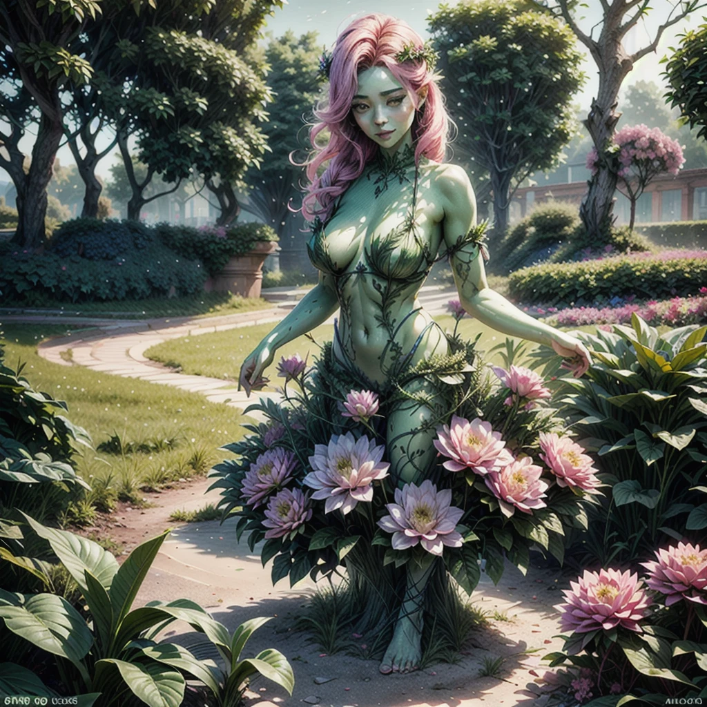 (best quality,4k,8k,highres,masterpiece:1.2),ultra-detailed, beautiful seductive Dryad in a suburban backyard garden, AubreyPlaza, tree woman, plant woman, plant flesh, green dryad, green skin, hair made of pink flowers, glowing green eyes, sensual smile, seductive pose, erotic pose, seethru, HDR, 8k, absurdres, cinestill 800, sharp focus, add_detail:2, (solo, woman)