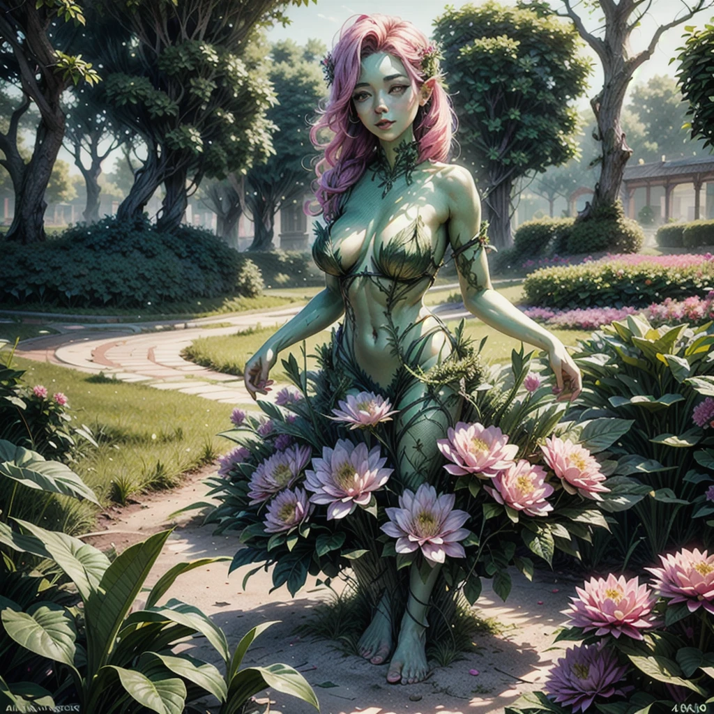 (best quality,4k,8k,highres,masterpiece:1.2),ultra-detailed, beautiful seductive Dryad in a suburban backyard garden, AubreyPlaza, tree woman, plant woman, plant flesh,  green dryad, green skin, hair made of pink flowers, glowing green eyes, sensual smile, seductive pose, erotic pose, seethru, HDR, 8k, absurdres, cinestill 800, sharp focus, add_detail:2, (solo, woman)
