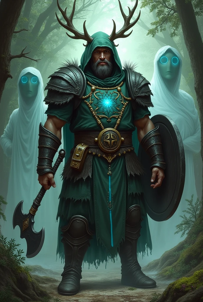 Create me a character for Dungeons and Dragons, a person in the role of a shaman. The character is 30 years, large, not quite as muscular, with a coat and a hood with deer antlers on the hood. No beard and a young face. In his hand an axe. Als Rüstung trägt er largee Schulter Platten aus Schwarzem Holz. Dazu ein largeer Schild in der linken Hand. With a dark green leather armor. On the chest a light blue stripe . A forest in the background. And some ghosts floating there.