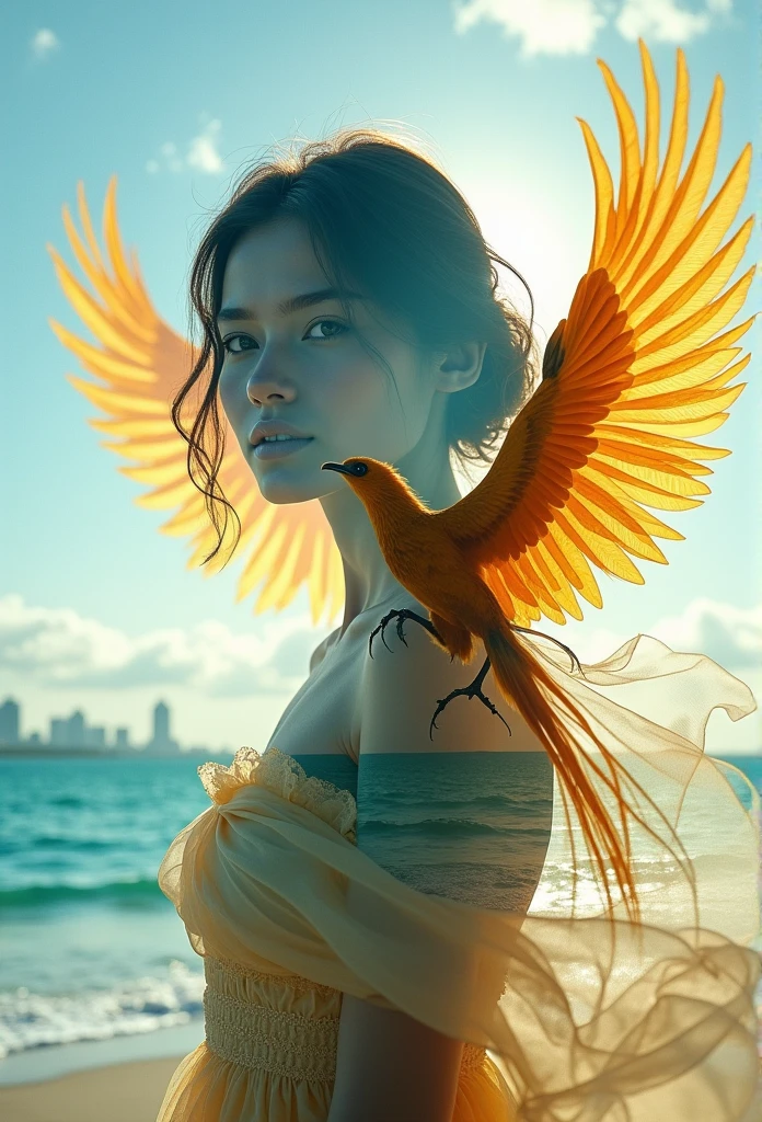 double exposure: 1.5, (Ultra HD Photos, Sharp outline quality), best quality, Realistic 8K stock photos, (Upper body silhouette of a pretty girl looking at the viewer wearing a flowing, fluffy dress_Close up angle: 1.1), (Girl silhouette and burning red in beautiful city background, golden phoenix with gorgeous wings superimposed inside girl silhouette_Central zoom..), (펄럭이는 날개로 공중에 퍼져 있는 황gold 깃털_dynamic angle), Outside the silhouette, The city on the left is heaven, Blue beach on the right, Clear day outdoors blue sky, fluffy clouds, halo, (A realistic photo image with vivid colors of vivid blue., White, gold), 여성의 Outside the silhouette에는 흐릿한 녹색 자연의 음영이 있는 배경: 1.2,