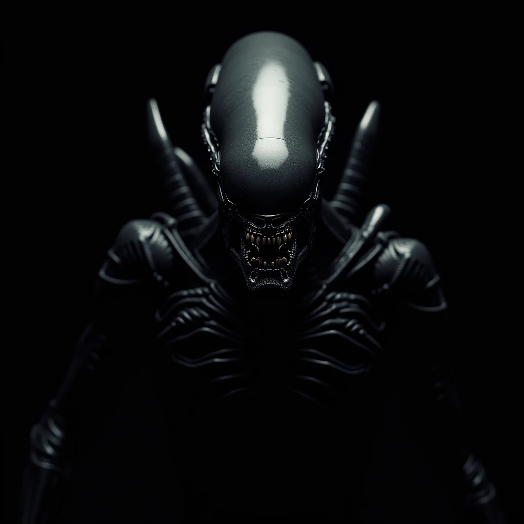 close-up portrait of xenomorph on black background full body shot, frontal shot, light outlines the shape of the beast, clear features, 8k, photography style
