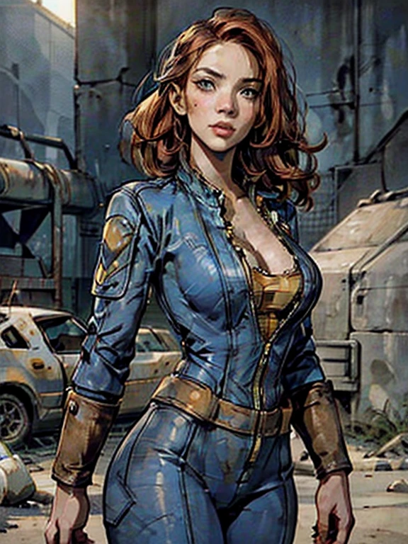 a girl in a fallout vault wearing a dark blue and yellow jumpsuit, pip-boy 3000, long red hair, round breasts, cleavage, post-apocalyptic, nuclear wasteland, desolate, ruined city, dramatic lighting, cinematic, photorealistic, 8k, hyper detailed, masterpiece, beautiful detailed face, beautiful detailed eyes, beautiful detailed lips, beautiful detailed nose,