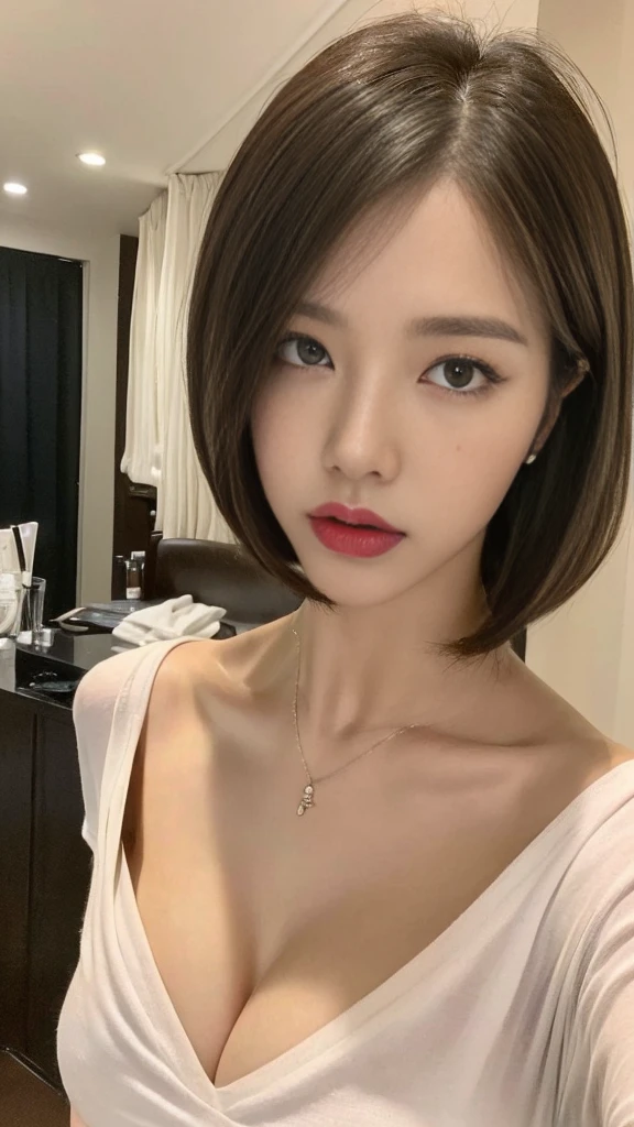 ((best quality, 8k, masterpiece :1.3)), sharp focus :1.2, (((Korean woman))). ((big bust:1,5)), very detailed face, very detailed lips, detailed eyes, double eyelid, A face with makeup on. dark red lipstick. (((short brown hair)), ((White v-neck t-shirt with a revealing chest)), ((hotel room)), ((White interior))