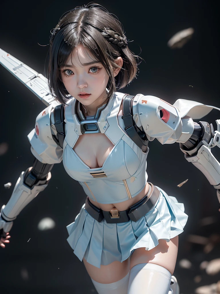 (highest quality)), ((masterpiece)), (very detailed: 1.3), 3d, {(japanese young girl)}, ((wears a futuristic Gundam mecha)),(Gundam), with headgear, with v-fin , ((unarmored cleavage)), ((unarmored stomach)), ((unarmored upper arms)), ((unarmored face)), (unarmored hands), (unarmored waist), ((unarmored thighs)), (unarmored ankles), japanese girl wear light blue and white striped pantie under armor, multilayer textureperfect proportions, octane rendering, duotone lighting, Low ISO, wide aperture, White balance, Rule of thirds, ultra HD16k, HDR (High Dynamic Range), Ray Tracing, nvidia RTX, Super Resolution, Subsurface Scattering, PBR Texturing, Post Processing, Anisotropic Filtering, Depth of Field, Maximum Clarity and Clarity, High efficiency subpixel, subpixel convolution, particles of light, light scattered, Tyndall effect, full body:1.5, battle pose, cute, (cute:1.2), (bob cut:1.3),Braid, Black Hair, Thick eyebrows, Light-colored irises, Big, bright black eyes, Long eyelashes, Small, light-colored, natural lips, (Average face of Japanese idols), (The uniquely Japanese childlike face:1.3), (baby face), Wide forehead:1.2, Plump Cheeks, Small jaw, , spread feet, visible side boob, (Mecha Wing), (have gundam style weapon:1.2), Has a large shield, asymmetric body,destroyed city background,looking at viewer,Focus on the eyes,with sleek and menacing design,
