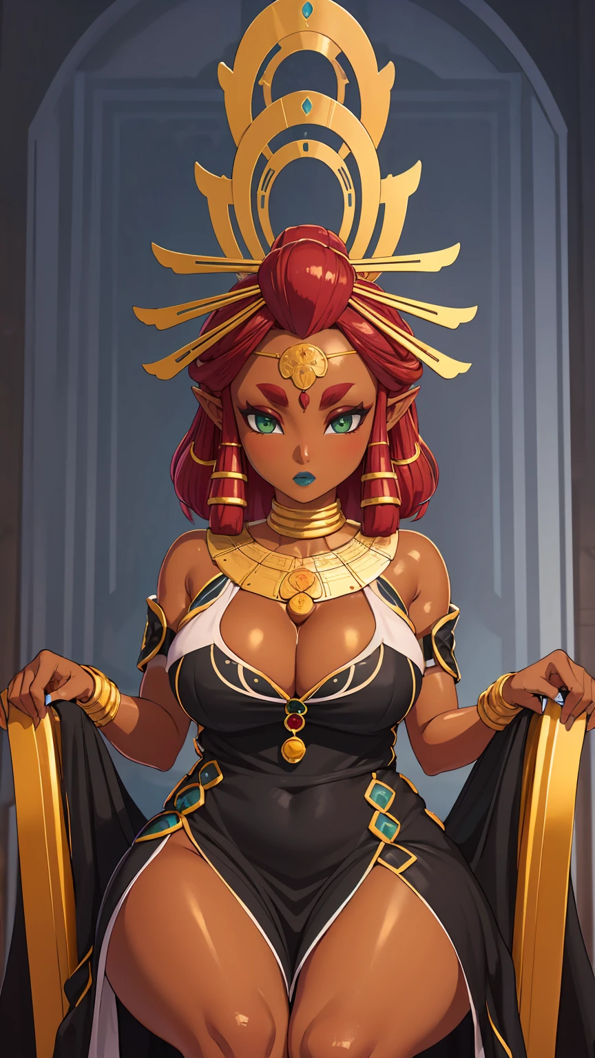 Big breasts, green eyes, dark blue lips, sitting on a throne, sexy legs, Riju, (((breasts Focus))), (((dark skin))), (((raised breasts))), (((oiled skin))), (((black hot dress))), (((Hot cleavage)))