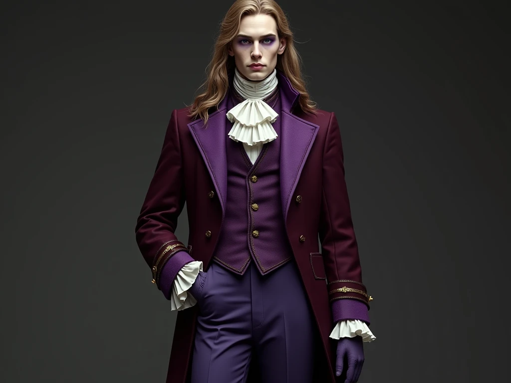 Pale and tall man, Appears to be 30-3.long light brown hair with golden highlights, Thin gray-blue eyes with dark purple eyeshadow and noticeably high cheekbones. His clothes are in Victorian style, old, Long dark burgundy jacket with lavender lining and gold pins on the folded cuffs. Under his jacket he has a purple vest over a white ruffled shirt, Wearing classic purple trousers, In dark blue knee-high boots and gloves of the same color.
