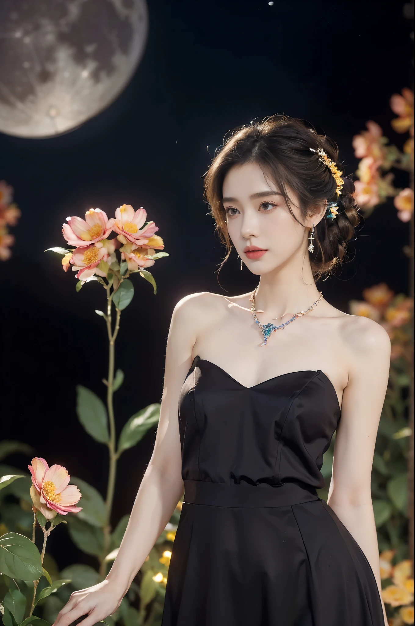 (((best quality))),(((ultra detailed))),(((masterpiece))),illustration,((1 beautiful girl,solo)),(neat chignon:1.2),((earrings,crystal necklace)),((slim,thin)),((small breasts,flat chest)),(slender legs:1.2),(stockings:1.3),(a moon in the clear night sky as the background:1.3), gentle glow,(Standing in the world full of vibrant flowers:1.3),(arms behind back:1.3),(gorgeous maxi dress:1.3),sparkling eyes,graceful,(surrounded by crowded colorful flowers:1.5), kaleidoscope, shimmer,bright moonlight, delicate petals, fragrance, otherworldly, magical realm, enchantment, tranquility, essence of beauty, peace,(outdoor:1.),(night scene:1.3),((from front,upper body))