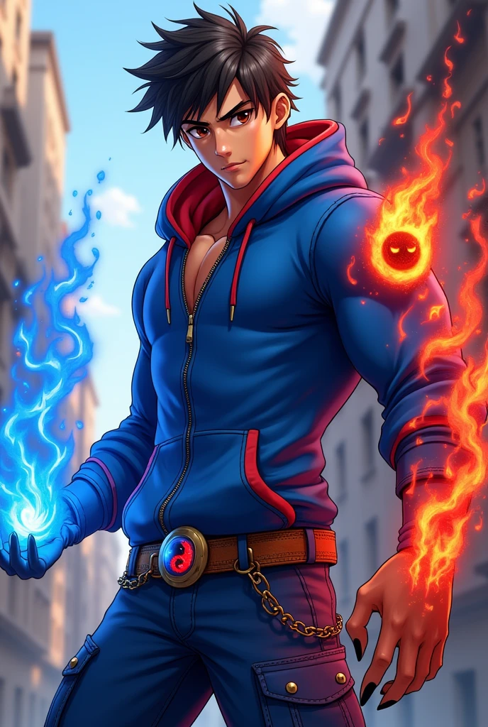 Boy age 20, latin, brown eyes, deep and cute eyes, royal blue hoodie, the hoodie hood is red into, royal blue cargo pants, only right demon arm, only right arm on red flames, only left arm blue flames, 3d anime, belt with a blue and red ying yang, chains around the belt, athletic, magic powers, action, cunning look, leather brown boots with metal pins, black cat nails, hero pose, black hair