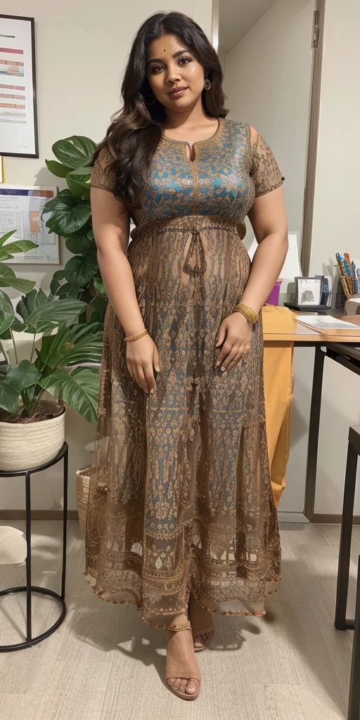 Day scene, A radiant, full-figured South Indian 3 aunty a brown colour chiffon fully transparent kurta, bra visible through kurta, ,standing, in a office captured in a full-body image with vibrant hues and meticulous details. Full body image