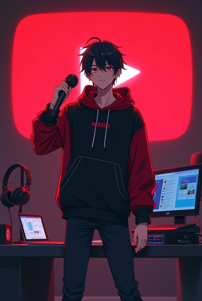 creat a image of 18 year anime boy with a microphone and laptop wearing black and red hoodi and the background inclove a large YouTube logo and voice equipment and pictures size is
16 : 9
