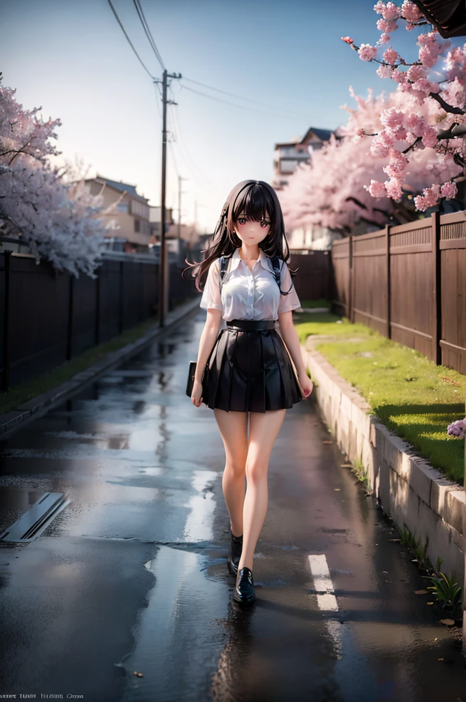 1girl, black skirt, branch, building, chain-link fence, cherry blossoms, fence, long hair, outdoors, petals, pleated skirt, rain, shirt, short sleeves, skirt, solo, standing, tree,
sky,street