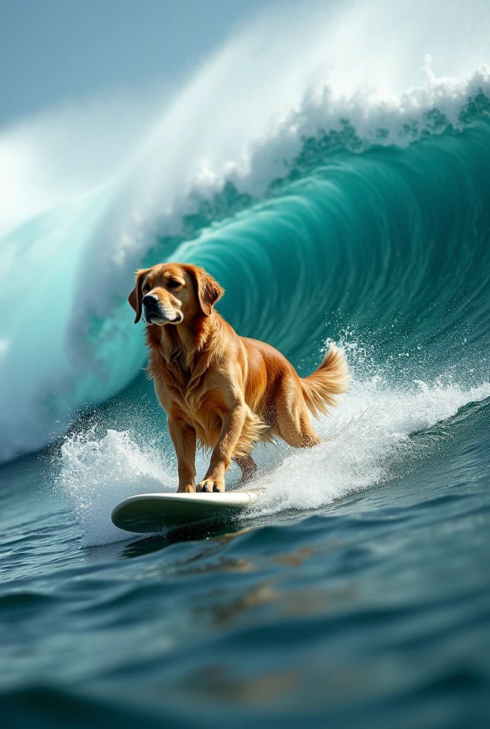 Golden Retriever、Surfing in the sea、Realistic fur、Realistic、raw、Photorealistic、Super detailed、high resolution、high quality、High resolution、Big Wave、