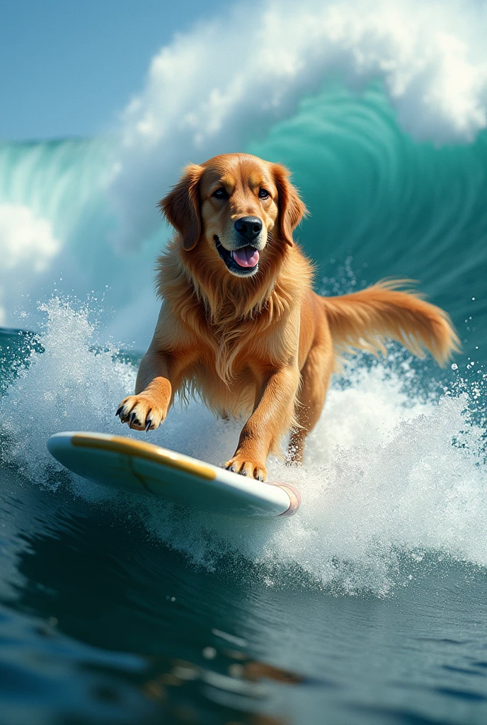 Golden Retriever、Surfing in the sea、Realistic fur、Realistic、raw、Photorealistic、Super detailed、high resolution、high quality、High resolution、Big Wave、
