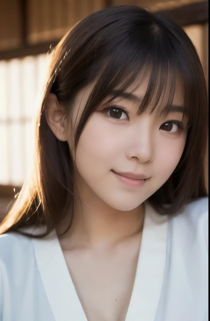 best quality, face focus, soft light, ultra high res, (photorealistic:1.4), RAW photo,(Shinozaki Ai), (fair skin), (kawaii),
1 Japanese girl, solo, cute, smile, (pupil, lights in the eyes), detailed beautiful face, Medium-sized breasts,(high resolution detail of human skin texture),(long hair),(portrait), upper body, white traditional kimono