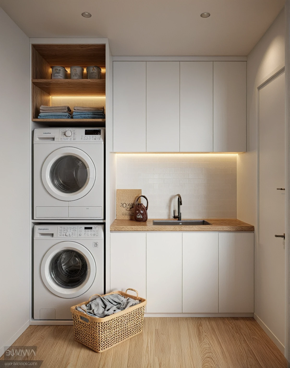 Raw photo,Masterpiece, high quality, best quality, authentic, surreal, super detail, interior, laundry room, wooden floor, use lots of curves, (curved wall), indoors, white color, white wall,(daylight:1.1), vivid color, (realistic:1.2 ),
