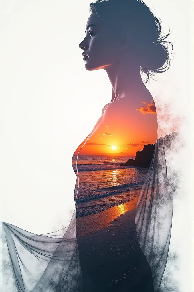 high quality, 8K Ultra HD, A beautiful double exposure that combines an goddess silhouette with sunset coast, sunset coast should serve as the underlying backdrop, with its details incorporated into the goddess , crisp lines, The background is monochrome, sharp focus, double exposure, by yukisakura, awesome full color,