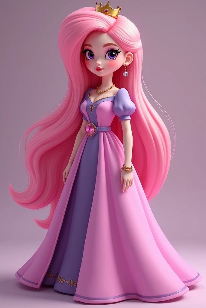 Princess Bubblegum is the epitome of a regal yet quirky ruler, blending elegance with a touch of whimsical charm. She has long, bubblegum-pink hair that flows smoothly down her back, straight and silky with a soft sheen, often styled in a neat, classic cut that reflects her organized and scientific mind. Her hair color matches her namesake perfectly, giving her an instantly recognizable and iconic look.

Her skin is a light, pastel pink, smooth and flawless, with a delicate, almost porcelain-like quality. This unique complexion adds to her otherworldly appearance, making her stand out in any crowd. Her face is youthful and heart-shaped, with gentle features that convey both kindness and intelligence. She has large, expressive eyes that are a deep shade of magenta, brimming with curiosity and wisdom. Her gaze is often thoughtful, reflecting her role as a scientist and leader, yet there’s always a spark of playfulness that hints at her more mischievous side.

Her eyebrows are finely arched, slightly darker than her hair, framing her eyes in a way that highlights her sharp intellect. Her nose is small and dainty, and her lips are naturally tinted a soft pink, often curved into a thoughtful smile or a knowing smirk. Her overall expression is one of gentle authority, tempered with warmth and compassion.

Princess Bubblegum’s wardrobe is a perfect blend of royal elegance and practicality. She typically wears a long, flowing gown in shades of pink and purple, with subtle embellishments that reflect her royal status. The gown has a high collar and puffed sleeves, giving it a classic, regal look, while still allowing her to move freely as she goes about her scientific experiments and royal duties. She often wears a golden crown atop her head, adorned with a small gemstone that signifies her status as the ruler of the Candy Kingdom.

Her overall appearance is a blend of sophistication and sweetness, much like her personality. 