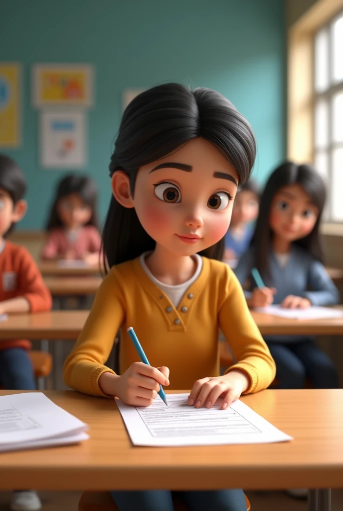 In 3d animation style "Sumana sitting for her exams, focused and determined."