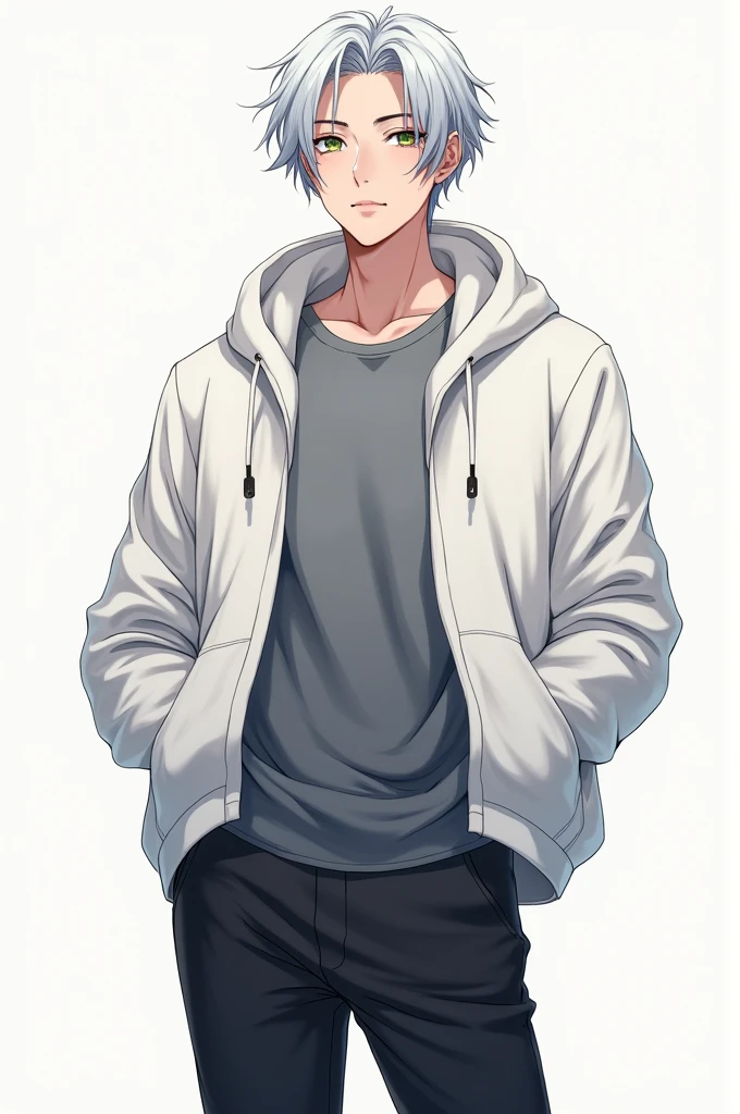Anime handsome boy grey shirt black pant white hoodie