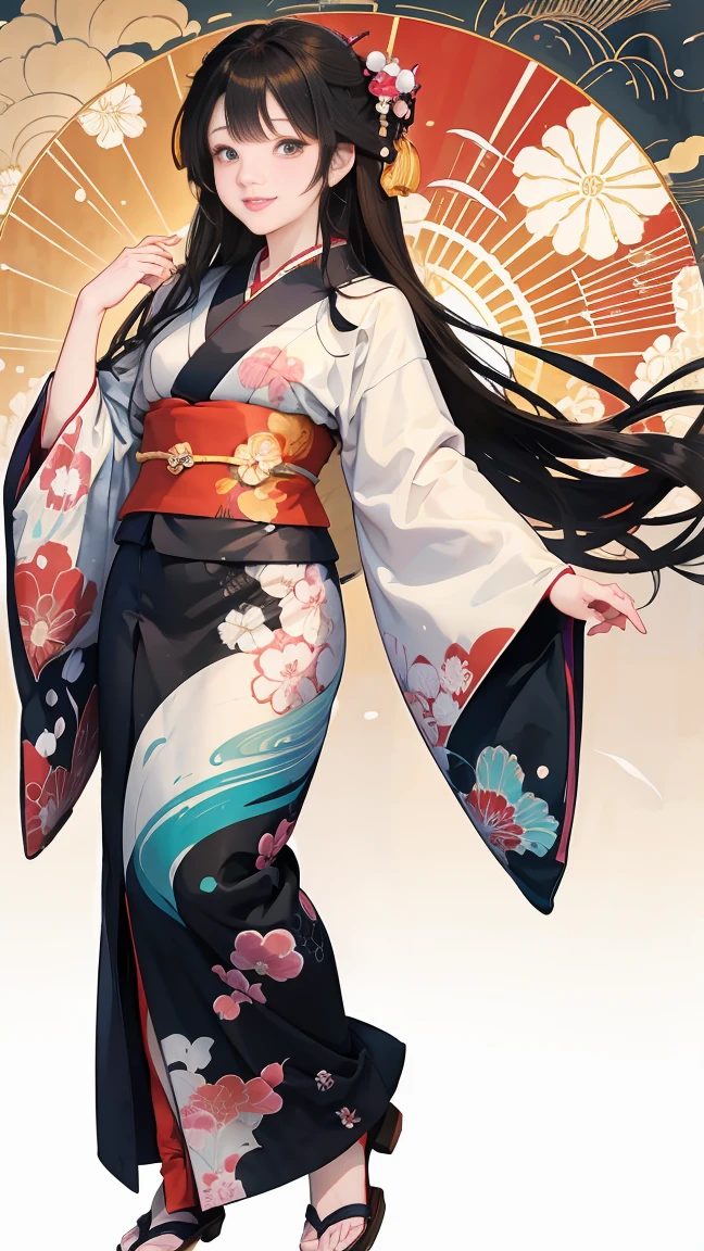 (SeaArt creates stunning illustrations of beautiful women in kimono)、Vividly colored Japanese Ukiyo-e style illustrations、A beautiful woman smiles and shows her upper white teeth、Brown-black long hair、Beautiful full body style、Let's dance a little Tokyo Ondo Yoiyoi、Beautiful new digital paintings,、Bright vibrant digital anime art、 Beautiful anime portraits、background、Torii gate of the Japan shrine、 Detailed digital anime art、