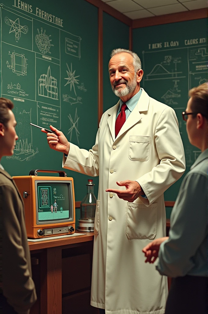 "An illustration of William Higinbotham standing proudly next to the oscilloscope displaying 'Tennis for Two.' He is dressed in a white lab coat, holding a pointer and explaining the game to an audience of curious onlookers. The background includes 1950s laboratory equipment and chalkboards with scientific notes, emphasizing the innovative environment where the first video game was created."
These prompts are designed to capture the essence of the story while providing visually compelling and historically accurate images.