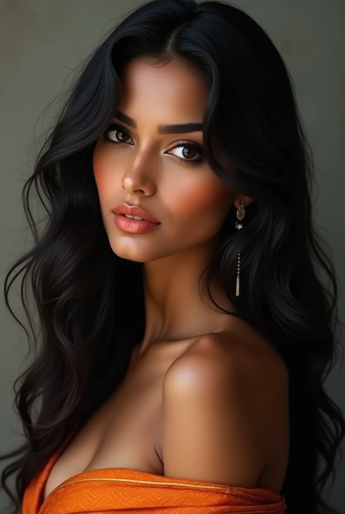 Woman with black wavy hair , of hindu beauty, large, expressive black eyes, long nose small mouth, Oval face, with hair to one side in a photo pose, orange lips, black eyelashes, clear skin, navel blouse