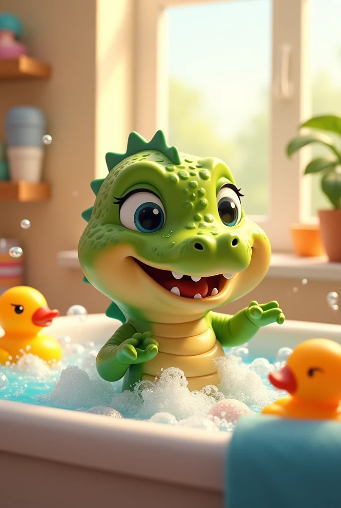 Animated baby crocodile in bath with bubbles and toys