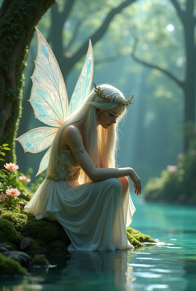a woman dressed as a fairy is sitting on the edge of a body of water, beautiful fairie, forest fae, faerie, forest fairy, beautiful fairy, fairy magnificent, fairy cgsociety, beautiful adult fairy, fantasy photography, water fairy, stunning 3d render of a fairy, realistic fantasy photography, faeries, fairy aesthetics, fairies have wings, fairylike, fae, fairy look, beautiful fairies, fairy atmosphere