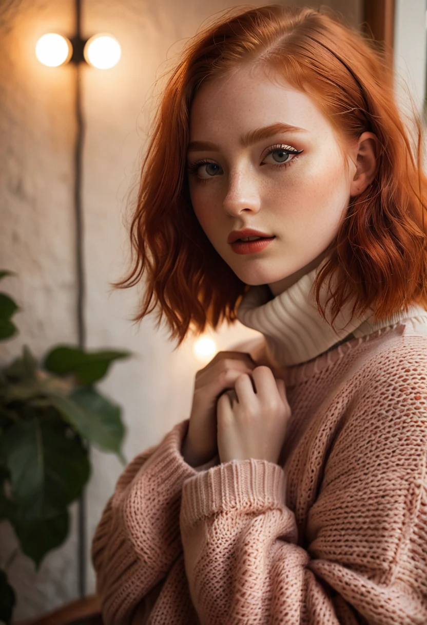 raw photo, (18yo redhead girl:1.2), makeup, graphic eyeliner, rouge, (choker:0.9), realistic skin texture, oversize knit sweater, (red:0.8), softcore, warm lighting, cosy atmosphere, instagram style, high quality dslr snapshot, high definition film grain photo taken at f/16, ISO 100, with a 200mm lens, global illumination, fibonacci