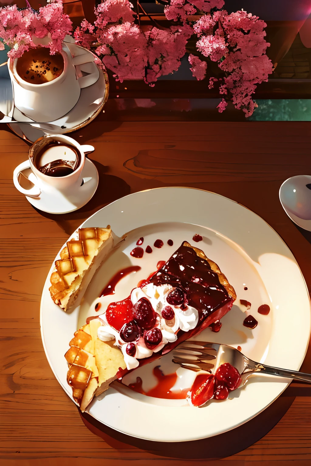 a singular slice of cherry pie with fruit garnish on a plate, on a wooden table in the afternoon sun. There is a cup of coffee and cream on the side. no people in the picture.