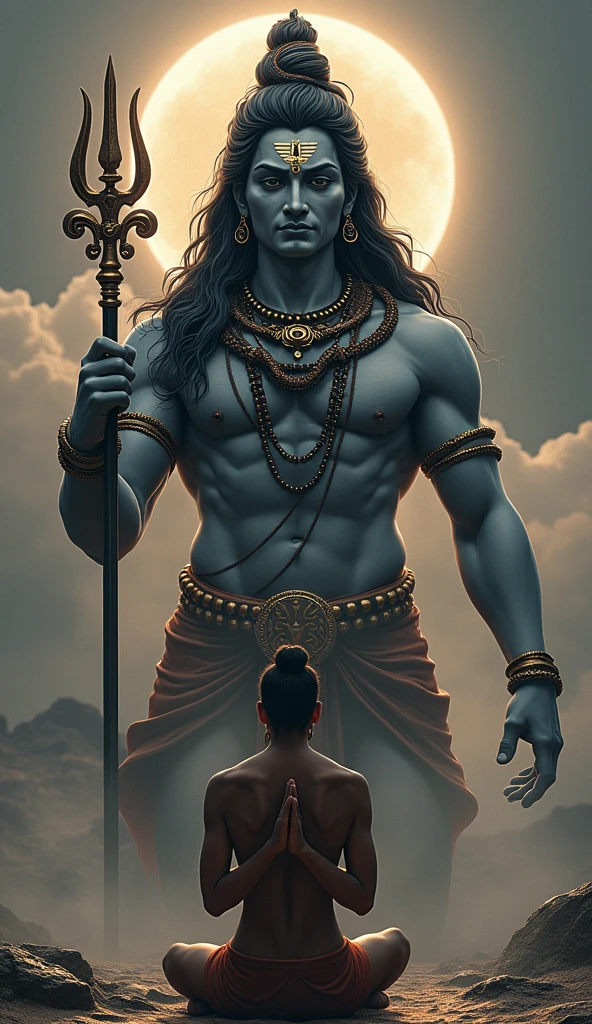 "Create a highly detailed and reverent image of Lord Shiva in a majestic and serene pose. Lord Shiva should be depicted with traditional attributes such as his trident (trishul), a serpent around his neck, and a crescent moon on his head. His expression should be calm and divine, with intricate details in his attire and surroundings. In front of Lord Shiva, place a person with folded hands (anjali mudra) in a respectful gesture. The person should be depicted with a humble and devout posture, facing Lord Shiva. Ensure the background complements the divine presence, with subtle, respectful elements that enhance the sacred atmosphere."