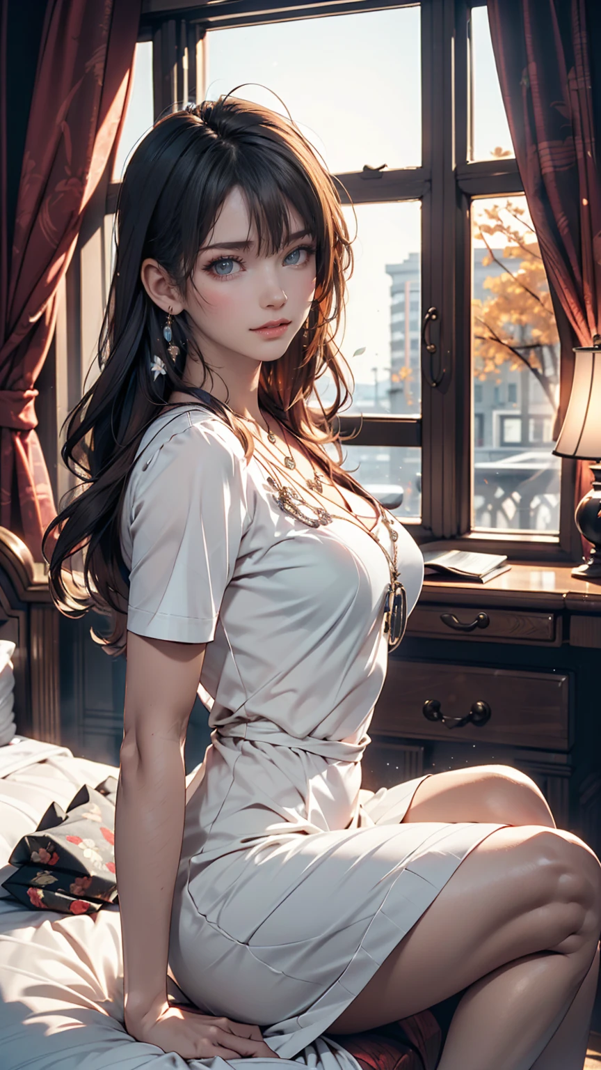 ((masainterpiece, besaint quality)),, saint. Louis (Luxury Wheels) (Azur Lane), High resolution, highesaint quallity, illusaintration, Cinematic Light, Super detailed, Detailed face, (Detailed eyes), besaint quality, Super detailed, masainterpiece, (Detailed face), large breasaints, hair ornaments, Earrings, necklace, Portraiture, Silver Dress, Revealing clothing,highesaint details, Glowing Eyes, (Hotel:1.2), Sitting in bed, Sitting, bed, window, Night Sky, Backlight, light, (high contrasaint), (colorful),