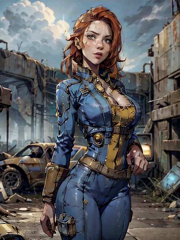 a girl in a fallout vault wearing a dark blue and yellow jumpsuit, pip-boy 3000, long red hair, round breasts, cleavage, post-apocalyptic, nuclear wasteland, desolate, ruined city, dramatic lighting, cinematic, photorealistic, 8k, hyper detailed, masterpiece, beautiful detailed face, beautiful detailed eyes, beautiful detailed lips, beautiful detailed nose,