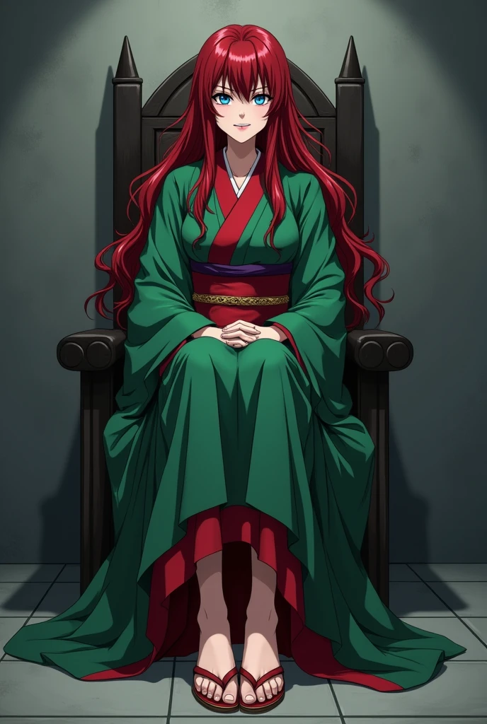 The image is anime style with shadows and dim lights, anime style although somewhat adult and dark, It shows a 40-year-old adult woman with blue eyes and wearing a beautiful oversized green and red yukata.; He also wears sandals. She has very long and loose hair., dark red, with a face that shows a malevolent smile with malice, She has beautiful feet. The background of the image is a grey wall. is beautiful, but he seems like a psychopath. You are sitting on a kind of throne,