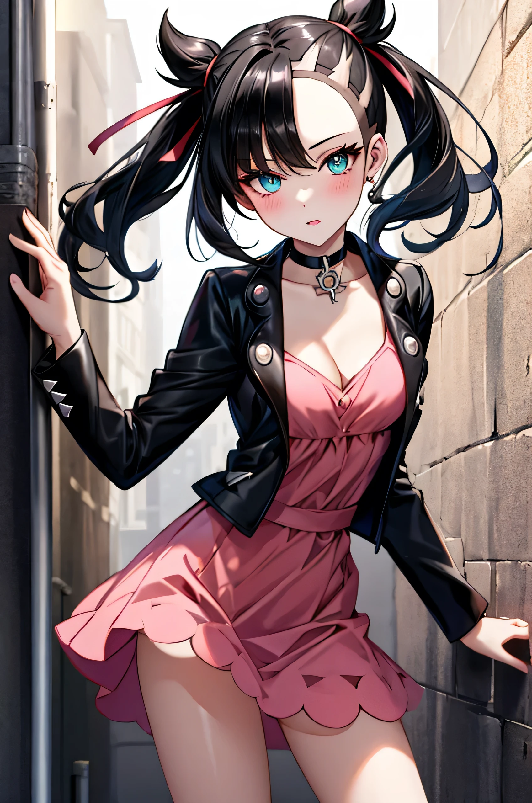 1girl, standing against the wall, leaning back, skirt lift, (show off panty:0.9), from front, BREAK marnie pokemon, black hair, medium hair, aqua eyes, black choker, red ribbon, sundress, pink dress, jewelry, black jacket, open jacket, long sleeves, small breasts, BREAK detailed background, back alley, night, BREAK (best quality, masterpiece, UHD, ultra detailed), (beautiful face, shiny skin), (detailed eyes), (perfect anatomy, perfect fingers), (professional lighting)