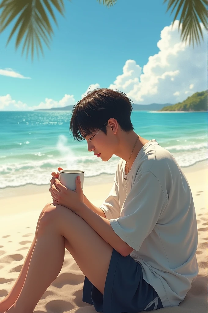 Min yoongi, drinking coffee, on the beach 