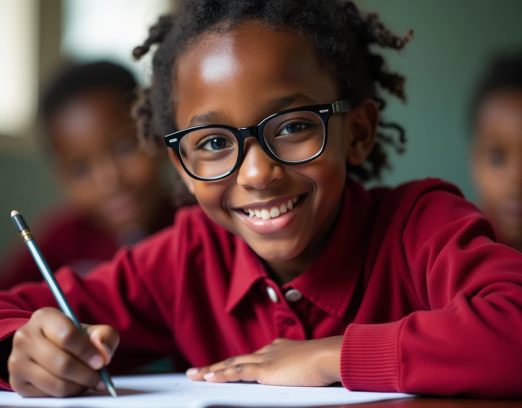 Developing cultural and intellectual skills, education according to the curricula prescribed for students , receiving information in the classroom, a close-up picture of a african student with glases wearing a red  uniform sitting on a school desk, performing school assignments
