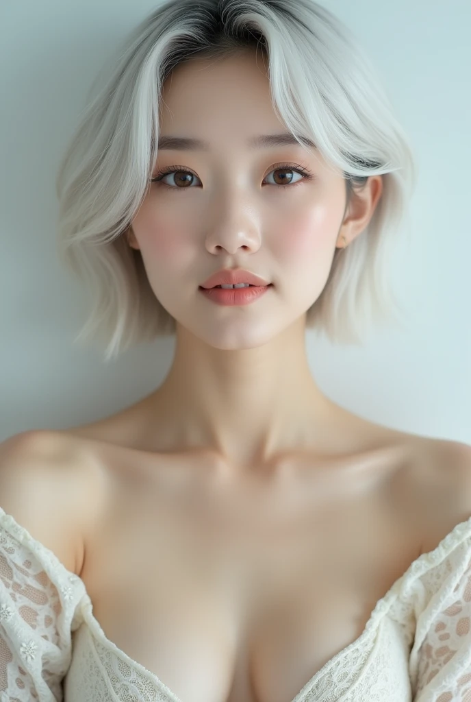 A Korean woman with short, white hair, a beautiful face showing her breast