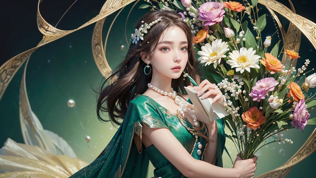 32K, 最高quality, 最高masterpiece, (ultra-Detailed Background, Detailed Background), High resolution, Super detailed, Very detailedな, 1 personの, (bouquet:1.3), (Tangled:1.2), (Geometric:1.2),(colorful),(masterpiece, quality, best quality, Official Art, Beautiful and beautiful:1.2), (1 person:1.3), Very detailed,(colorful:1.1)(Flowers:1.3),Most detailed,(Tangled:1.2), whole body, (Abstract background:1.3), (Skin glows), (Many colors:1.4), ,(Earrings Pearl:1.5), Emerald green pale background, It's imaginative., Brunette Hair, Updo, Holding a book, Holding a pen,