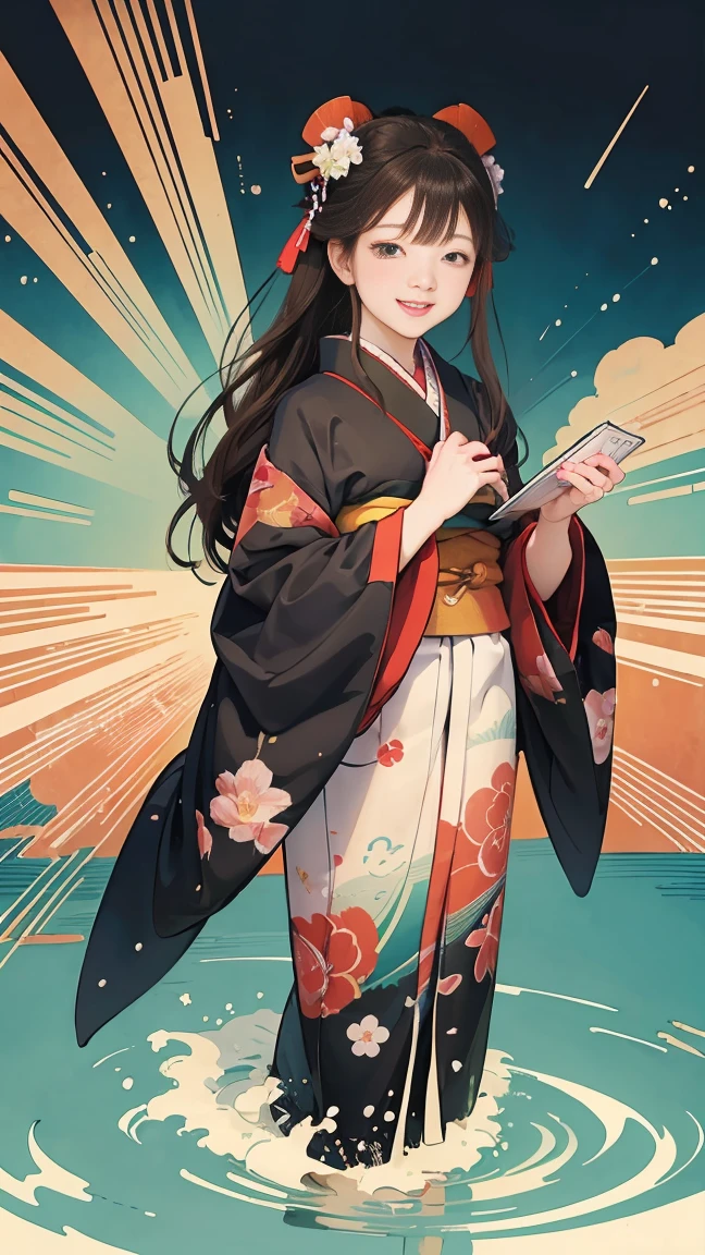 (SeaArt creates stunning illustrations of beautiful women in kimono)、Vividly colored Japanese Ukiyo-e style illustrations、A beautiful woman smiles and shows her upper white teeth、Brown-black long hair、Beautiful full body style、Let&#39;s dance a little Tokyo Ondo Yoiyoi、Beautiful new digital paintings,、Bright vibrant digital anime art、 Beautiful anime portraits、background、Torii gate of the Japan shrine、 Detailed digital anime art、