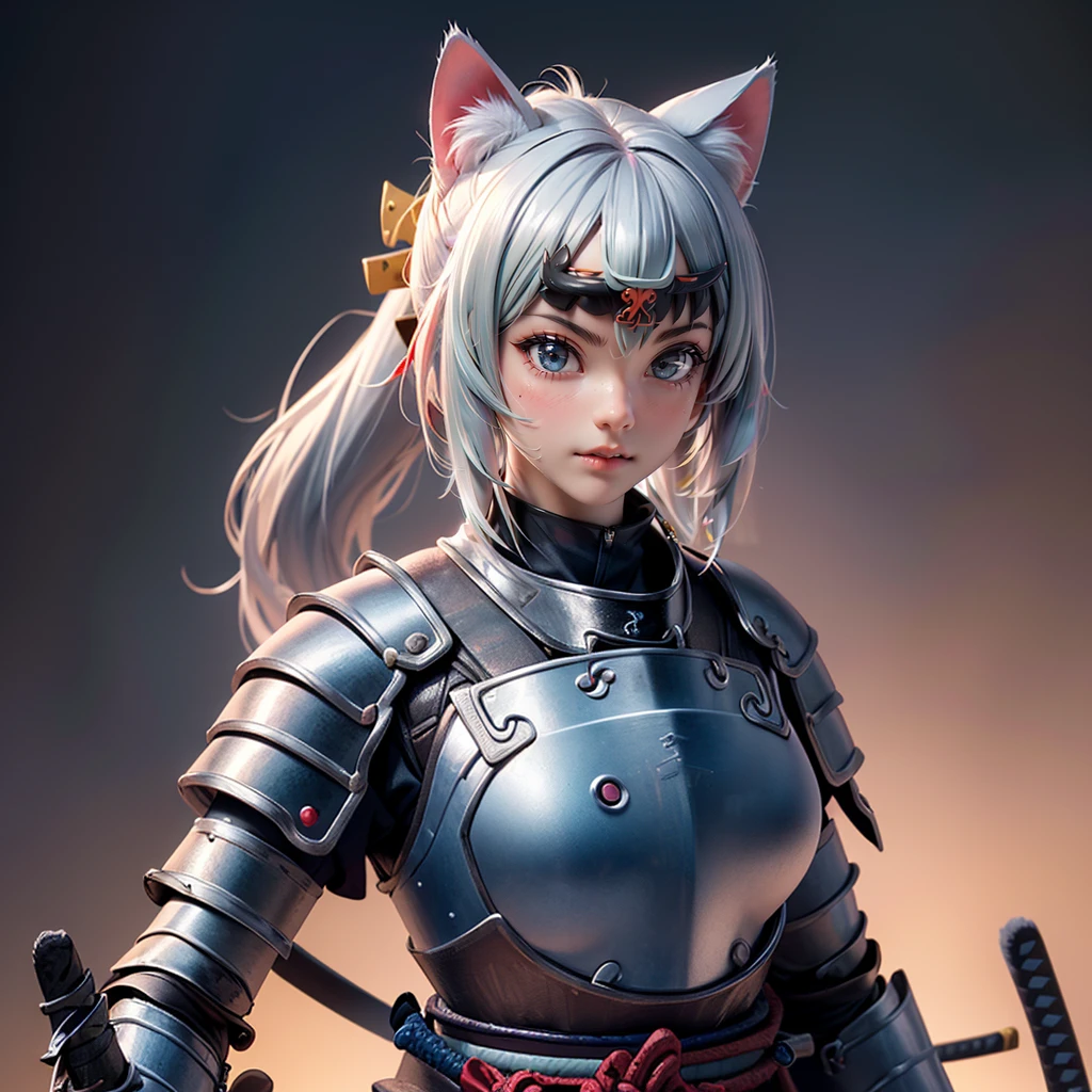 Moisturized Skin, (blue eyes), Realistic body, The chest is open, (Adult female body), Energetic, 3DCG, front, Pink lipstick, (Silver Hair), ((Cat ear)), Beautiful Hair, Long Hair, ponytail, (((Samurai Armor: 1.3))), ((masterpiece + Highest quality + High resolution + Very detailedな)), (whole body: 1.2), Knight's Loyalty, Raise your right knee, A fine Japanese sword on his waist, Perfect fingers, Perfect limbs, Depiction from above, Anatomically correct, Textured skin, Very detailed,