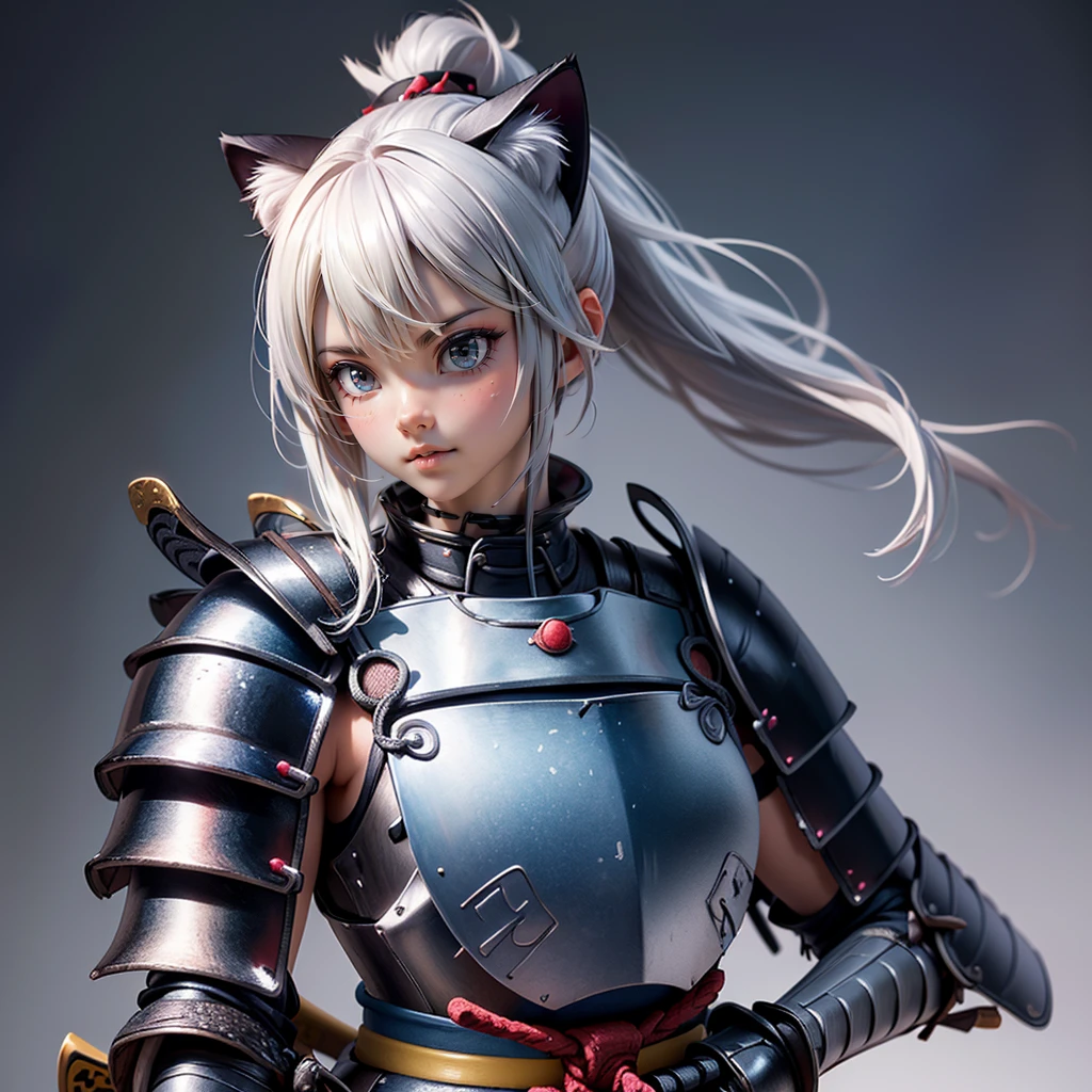 Moisturized Skin, (blue eyes), Realistic body, The chest is open, (Adult female body), Energetic, 3DCG, front, Pink lipstick, (Silver Hair), ((Cat ear)), Beautiful Hair, Long Hair, ponytail, (((Samurai Armor: 1.3))), ((masterpiece + Highest quality + High resolution + Very detailedな)), (whole body: 1.2), Knight&#39;s Loyalty, Raise your right knee, A fine Japanese sword on his waist, Perfect fingers, Perfect limbs, Depiction from above, Anatomically correct, Textured skin, Very detailed, 