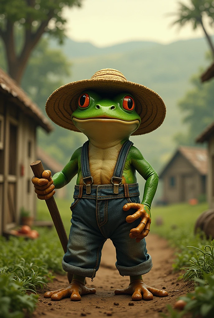 Retro Images，Storytelling，Tree frog，Ultra-realistic，high resolution，Frog is a farmer