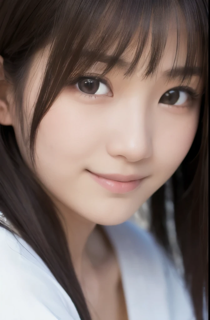 best quality, face focus, soft light, ultra high res, (photorealistic:1.4), RAW photo,(Shinozaki Ai), (fair skin), (kawaii),
1 Japanese girl, solo, cute, smile, (pupil, lights in the eyes),  detailed beautiful face, Medium-sized breasts,(high resolution detail of human skin texture),(long hair),(portrait), upper body, white traditional kimono